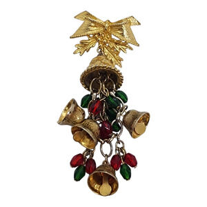 HOBE Vintage Christmas Brooch Bow Bell HollyRed Super RARE Dangle long